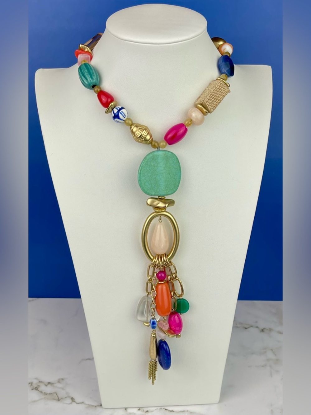 Chico’s Vibrant Multi-Bead Statement Necklace with Tassel Pendant